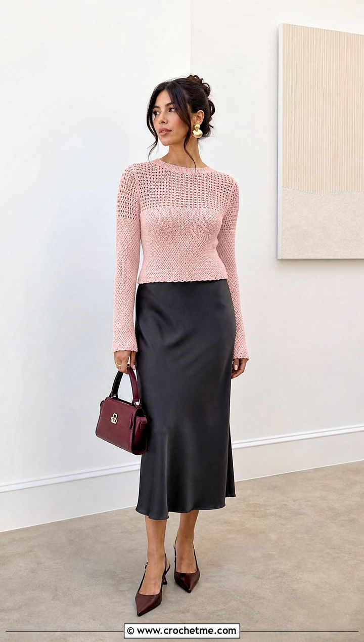 Fitted Seamless Crochet Sweater With Satin Midi Skirt - 25 Seamless Crochet Sweater outfit ideas