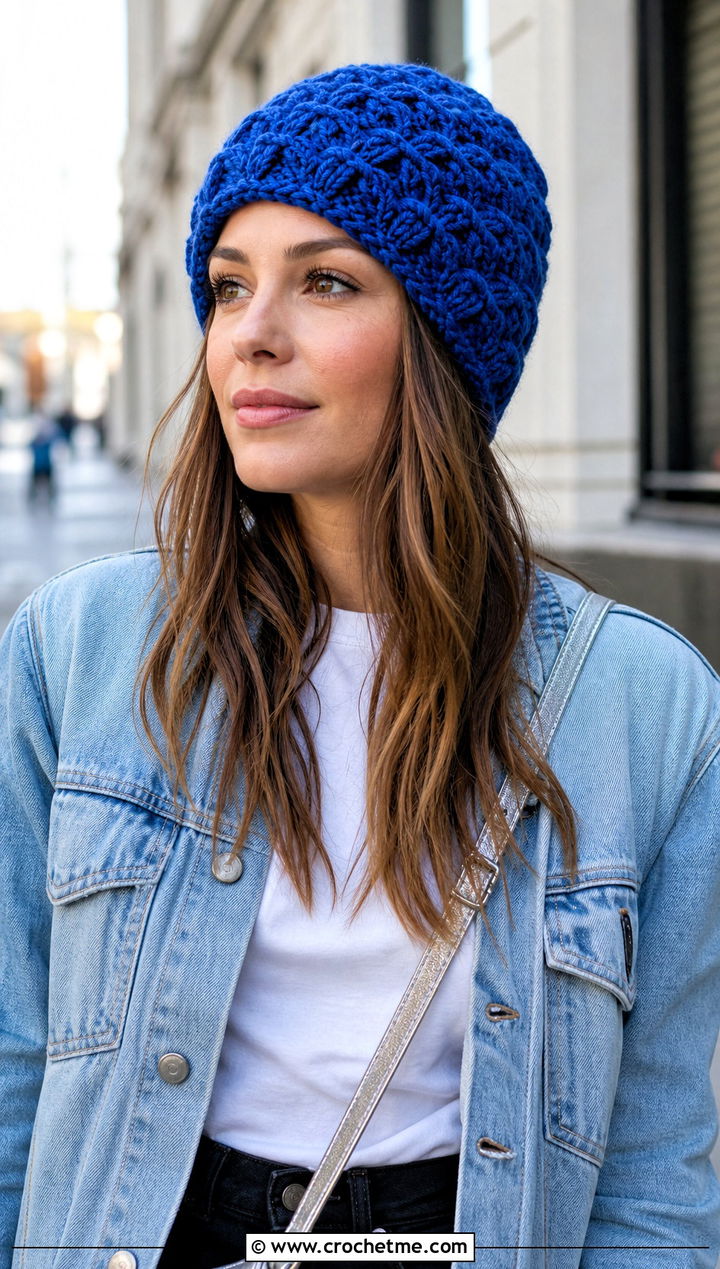 Fitted Shell Stitch Beanie With Denim Jacket - 15 Crochet Shell Stitch Beanie outfit ideas