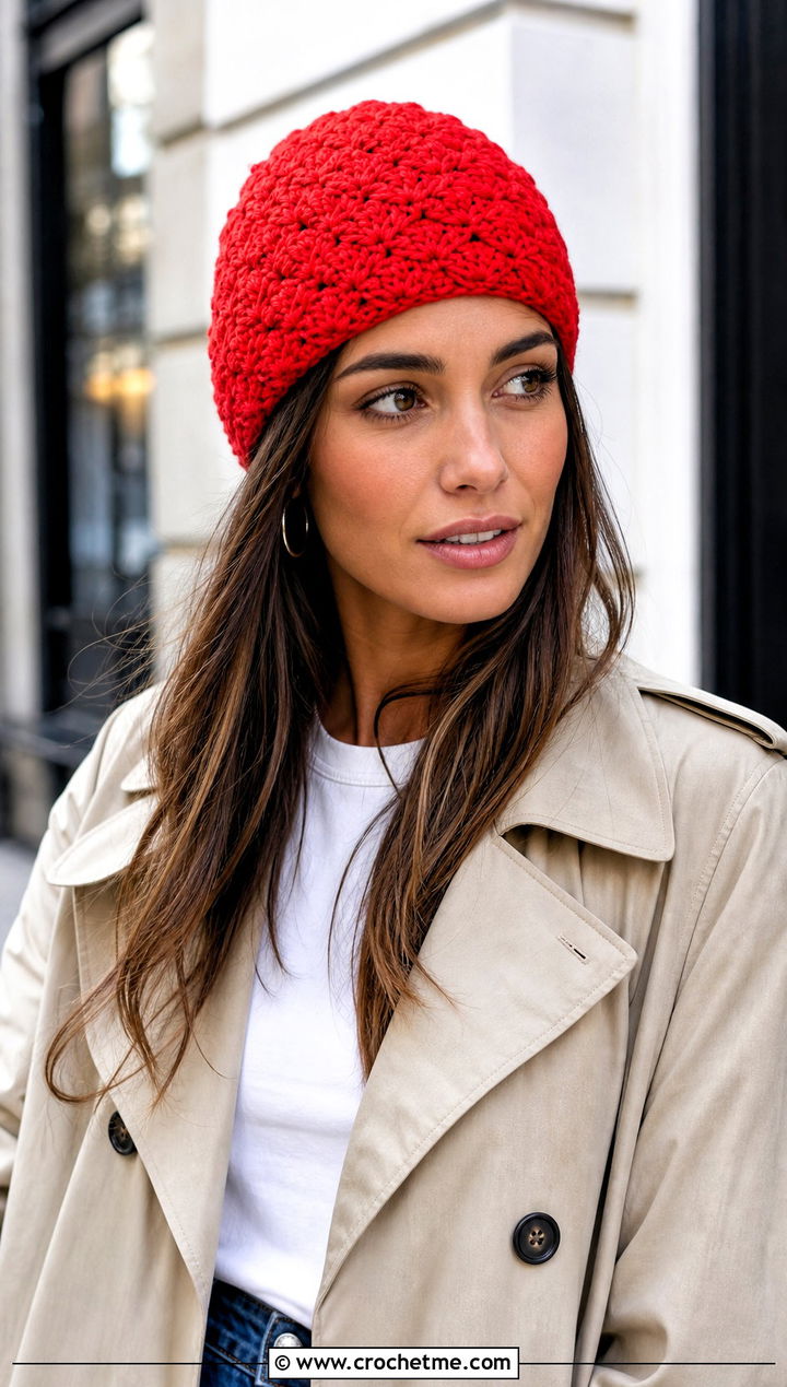 Fitted Shell Stitch Beanie With Trench Coat And Jeans - 20 shell crochet beanie outfit ideas