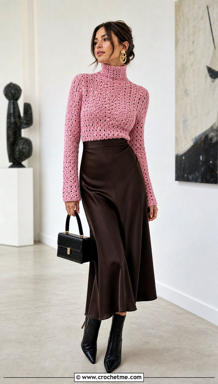 Fitted Shell Stitch Crochet Turtle Neck Sweater With Satin Midi Skirt - 35 crochet turtle neck sweater outfit ideas