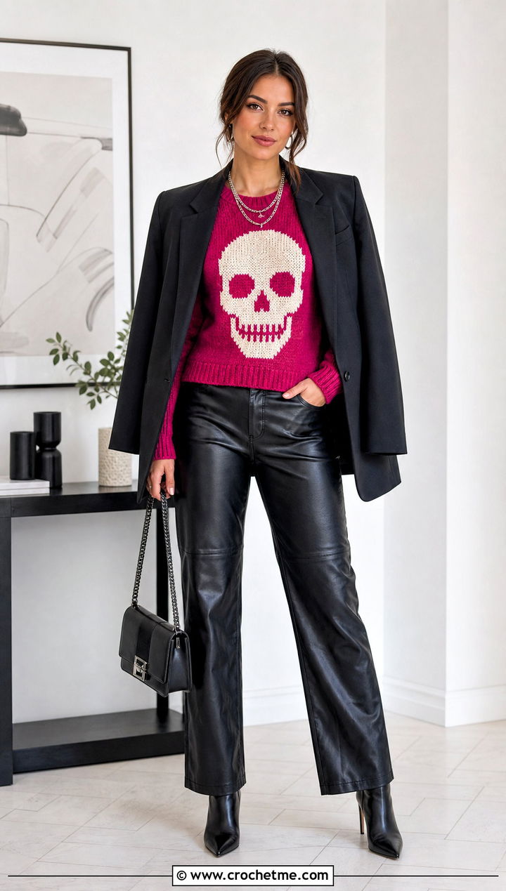 Fitted Skull Halloween Crochet Jumper With Faux Leather Pants - 15 Halloween Crochet Jumper outfit ideas