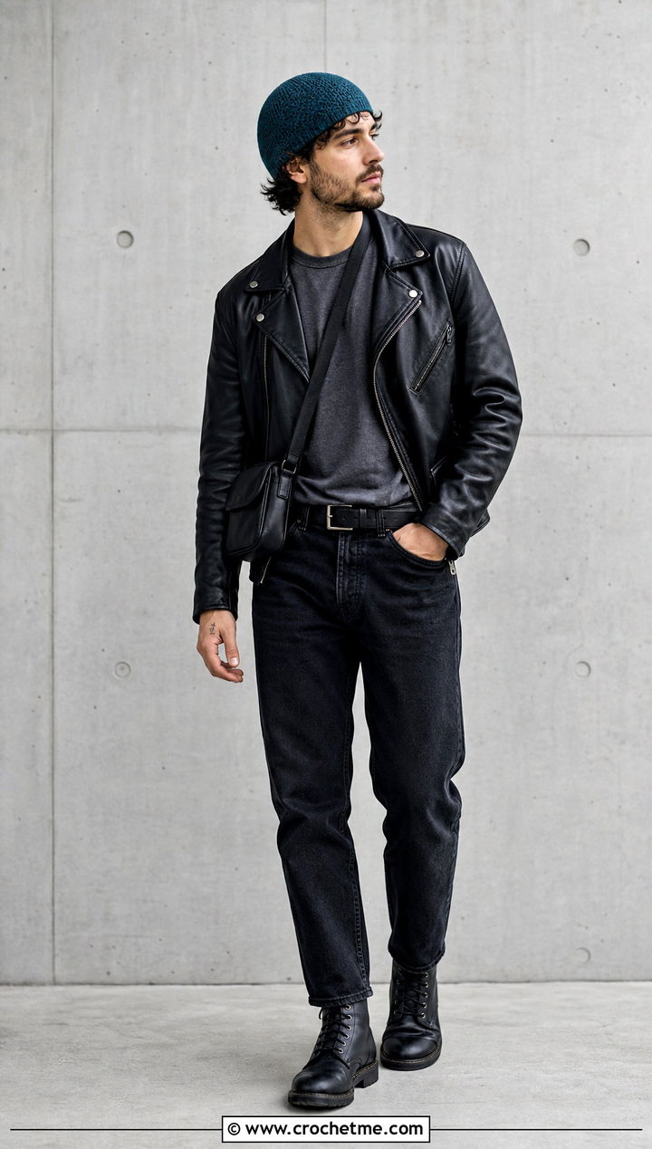 Fitted Skullcap Crochet Beanie With Leather Jacket - 35 Men Crochet Beanie outfit ideas