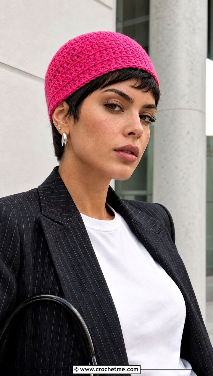 Fitted Skullcap Crochet Beanie With Pinstripe Suit - 35 basic crochet beanie outfit ideas