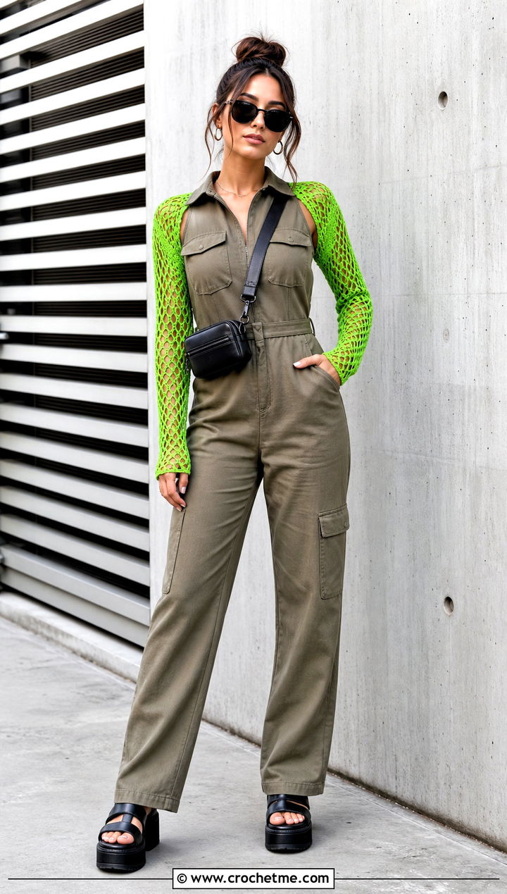 Fitted Sleeve Crochet Mesh Bolero With Utility Jumpsuit - 25 Crochet Mesh Bolero outfit ideas