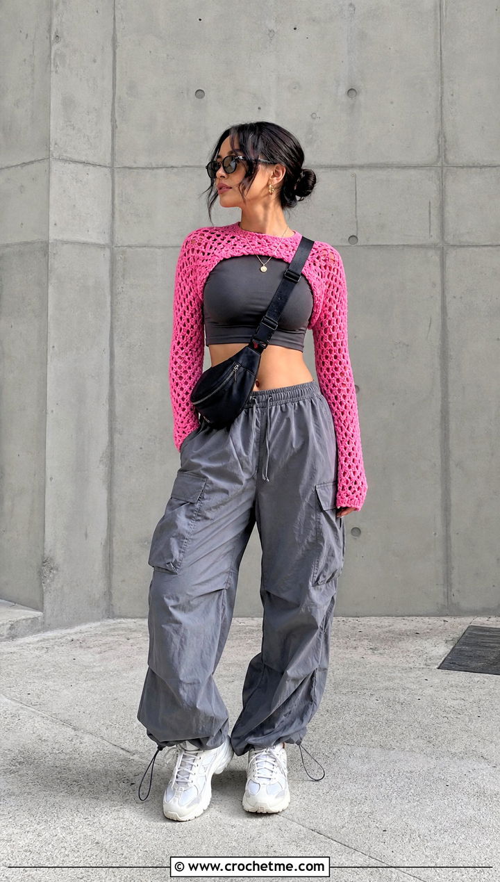 Fitted Sleeve Crochet Shrug With Cargo Pants - 15 Long Sleeved Crochet Shrug outfit ideas