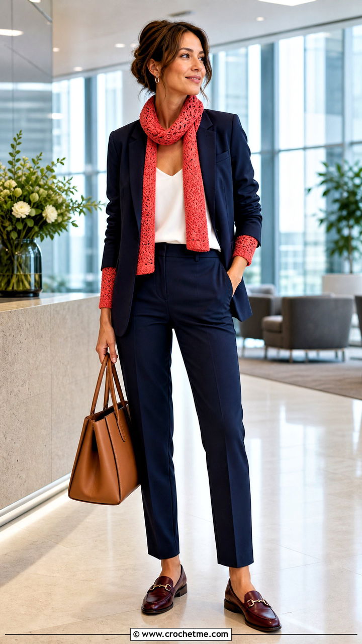 Fitted Sleeve Crochet Sweater Scarf With Blazer And Trousers - 35 crochet sweater scarf outfit ideas