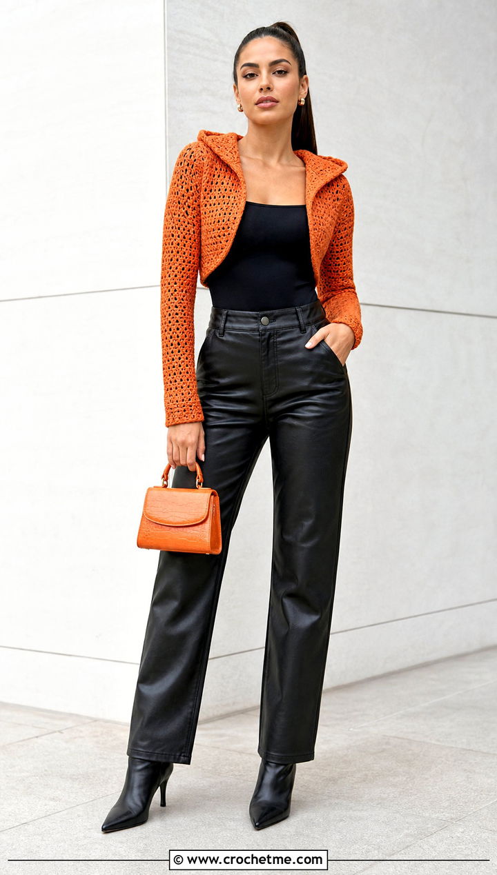 Fitted Sleeve Hooded Crochet Bolero With Leather Pants - 25 hooded crochet bolero outfit ideas