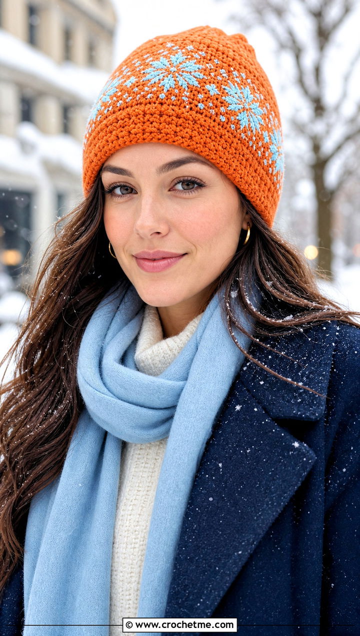 Fitted Snowflake Fair Isle Crochet Beanie With Wool Coat - 15 Fair Isle Crochet Beanie outfit ideas