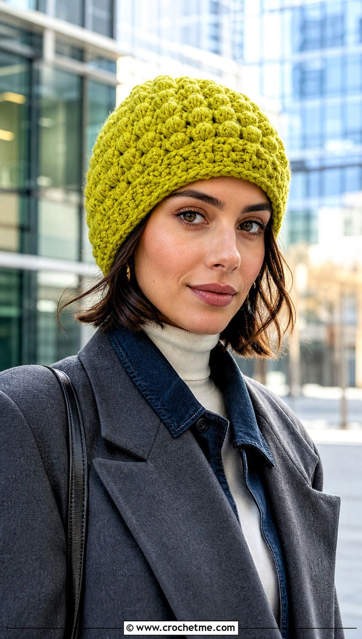 Fitted Snowy Puff Crochet Hat With Blazer And Jeans - 15 snowy puff crochet hat outfit ideas
