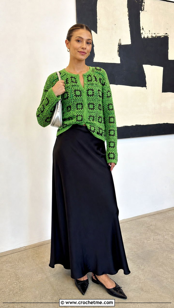 Fitted Solid Granny Square Cardigan With Maxi Skirt - 20 Crochet Solid Granny Square Cardigan outfit ideas