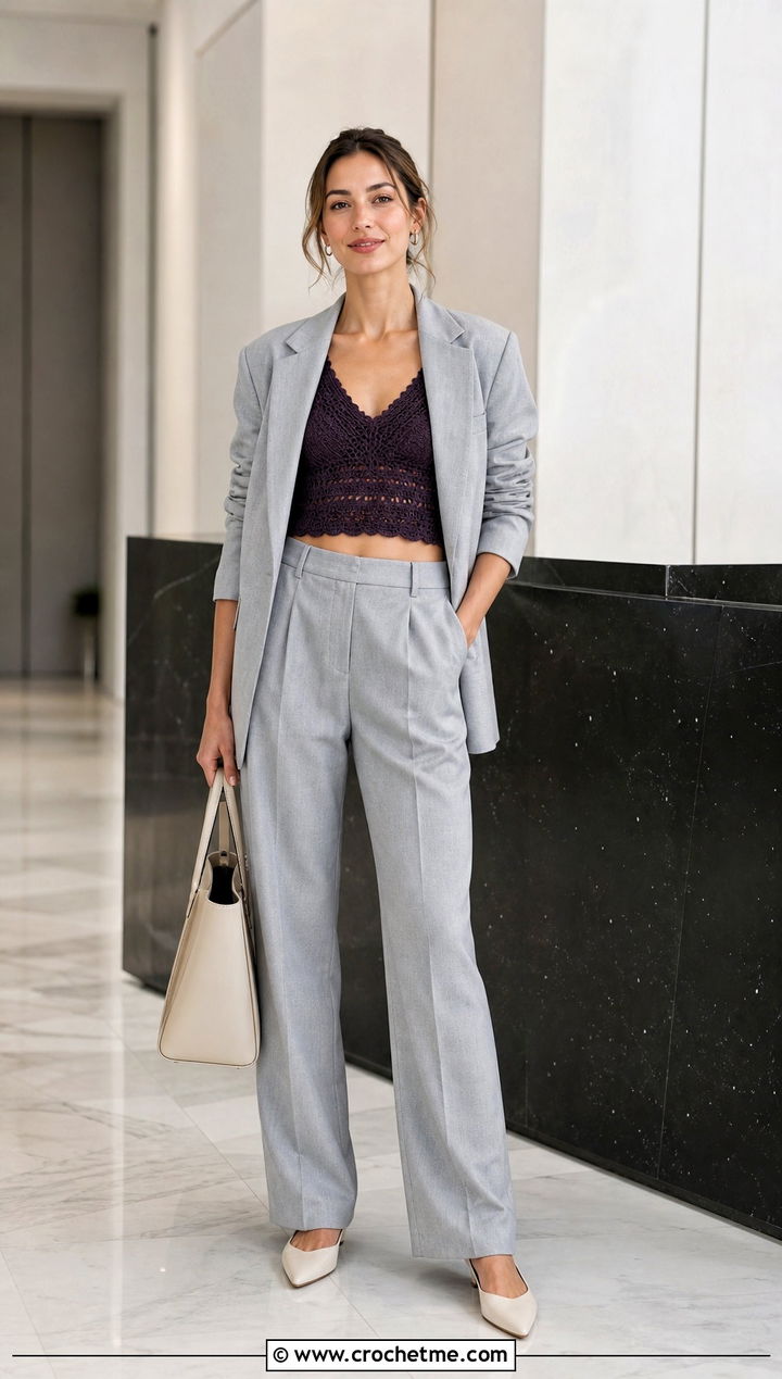 Fitted Sophia Crop Top With A Relaxed Pantsuit - 15 Crochet Sophia Crop Top outfit ideas