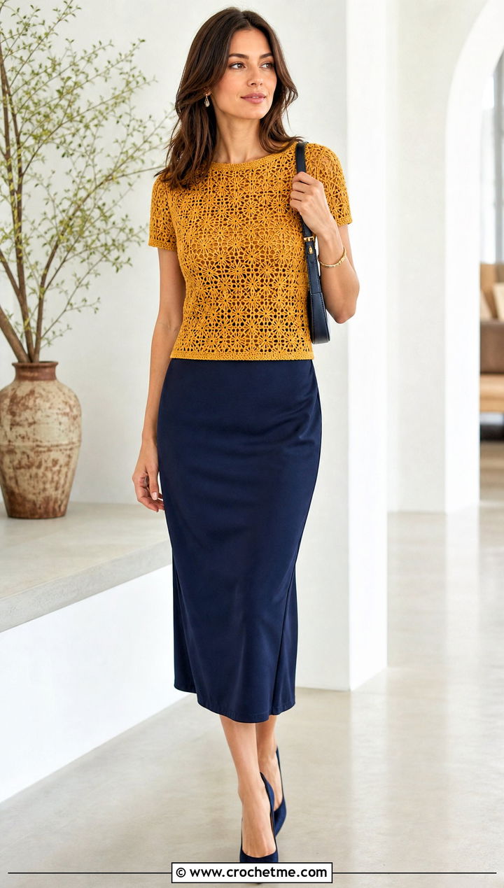 Fitted Spider Stitch Crochet Top With Column Skirt - 35 spider crochet top outfit ideas