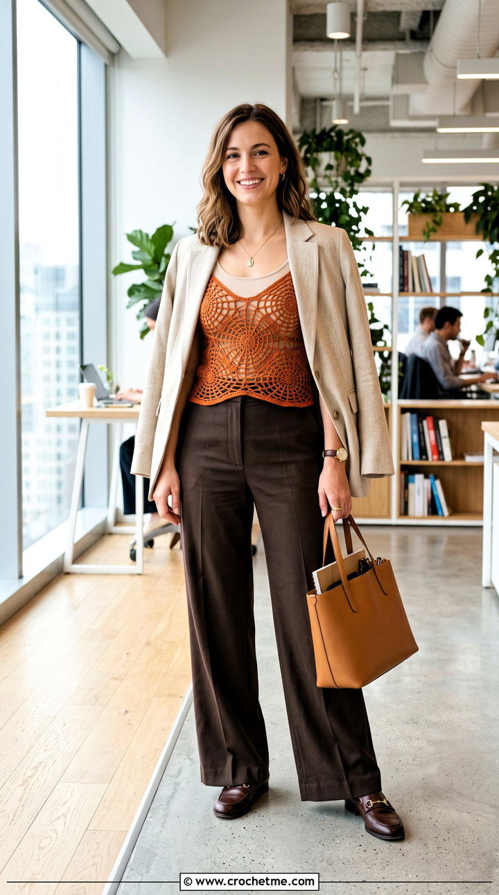 Fitted Spiderweb Crochet Top With Tailored Trousers - 35 spiderweb crochet top outfit ideas