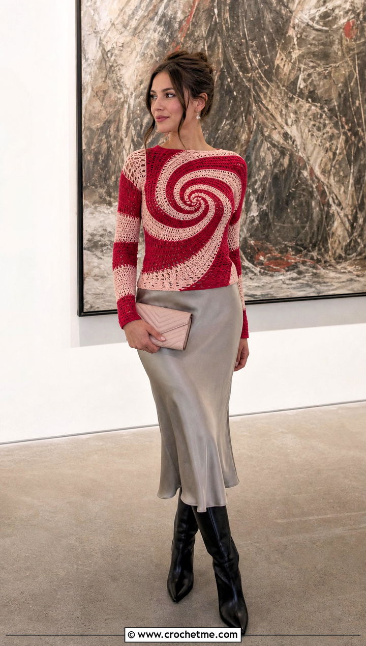 Fitted Spiral Crochet Sweater With Satin Slip Skirt - 35 spiral crochet sweater outfit ideas