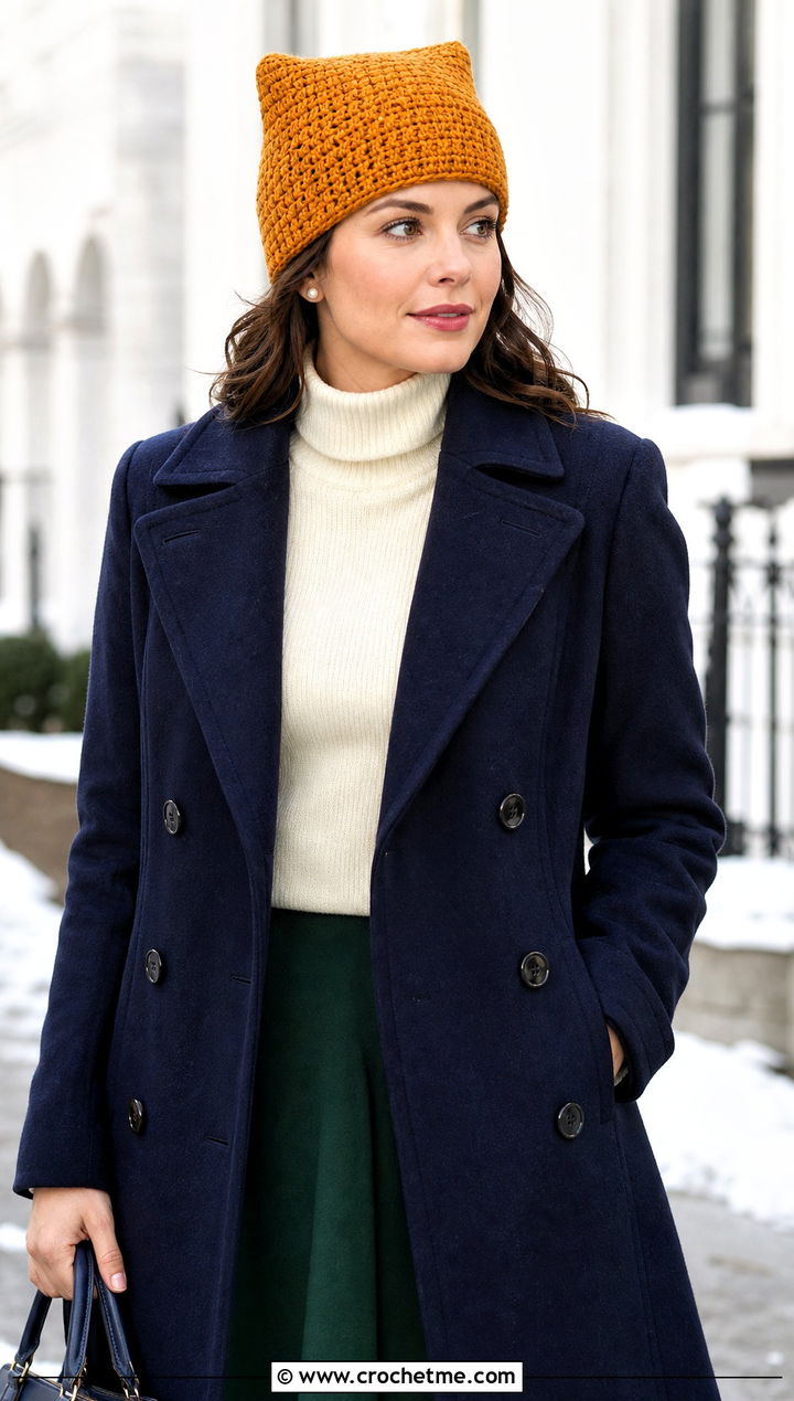 Fitted Square Beanie With Peacoat And Mini Skirt - 25 square crochet beanie outfit ideas
