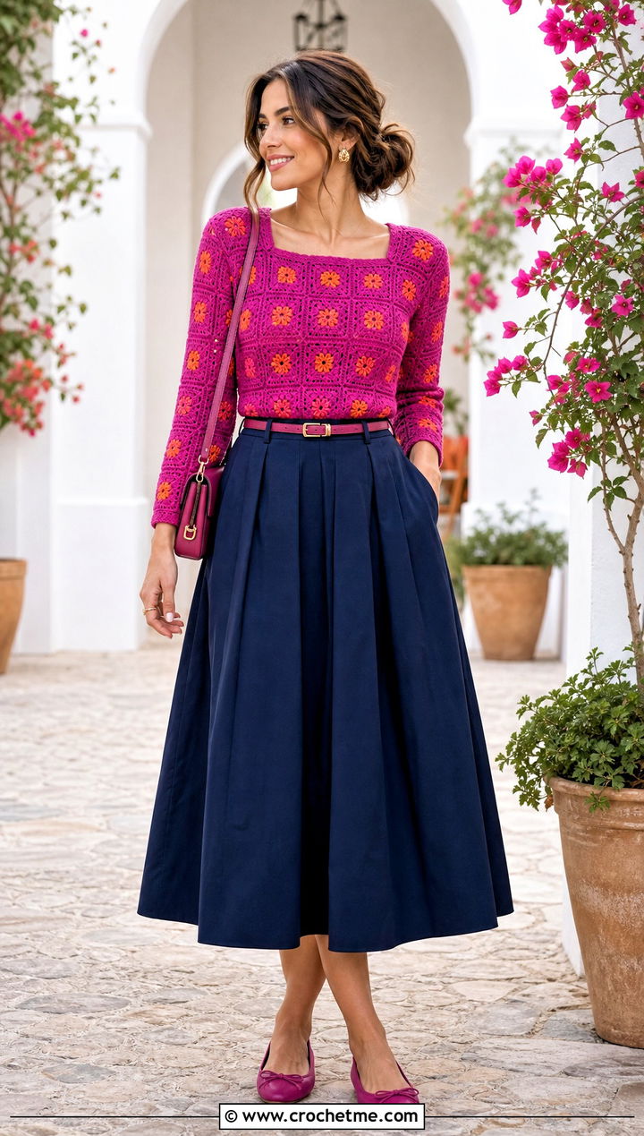 Fitted Square Jumper With Full Midi Skirt - 30 crochet square jumper outfit ideas