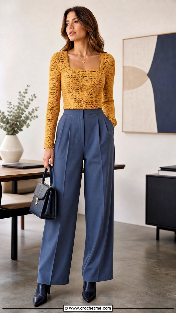 Fitted Square Neck Crochet Sweater With Tailored Pants - 35 fall crochet sweater outfit ideas