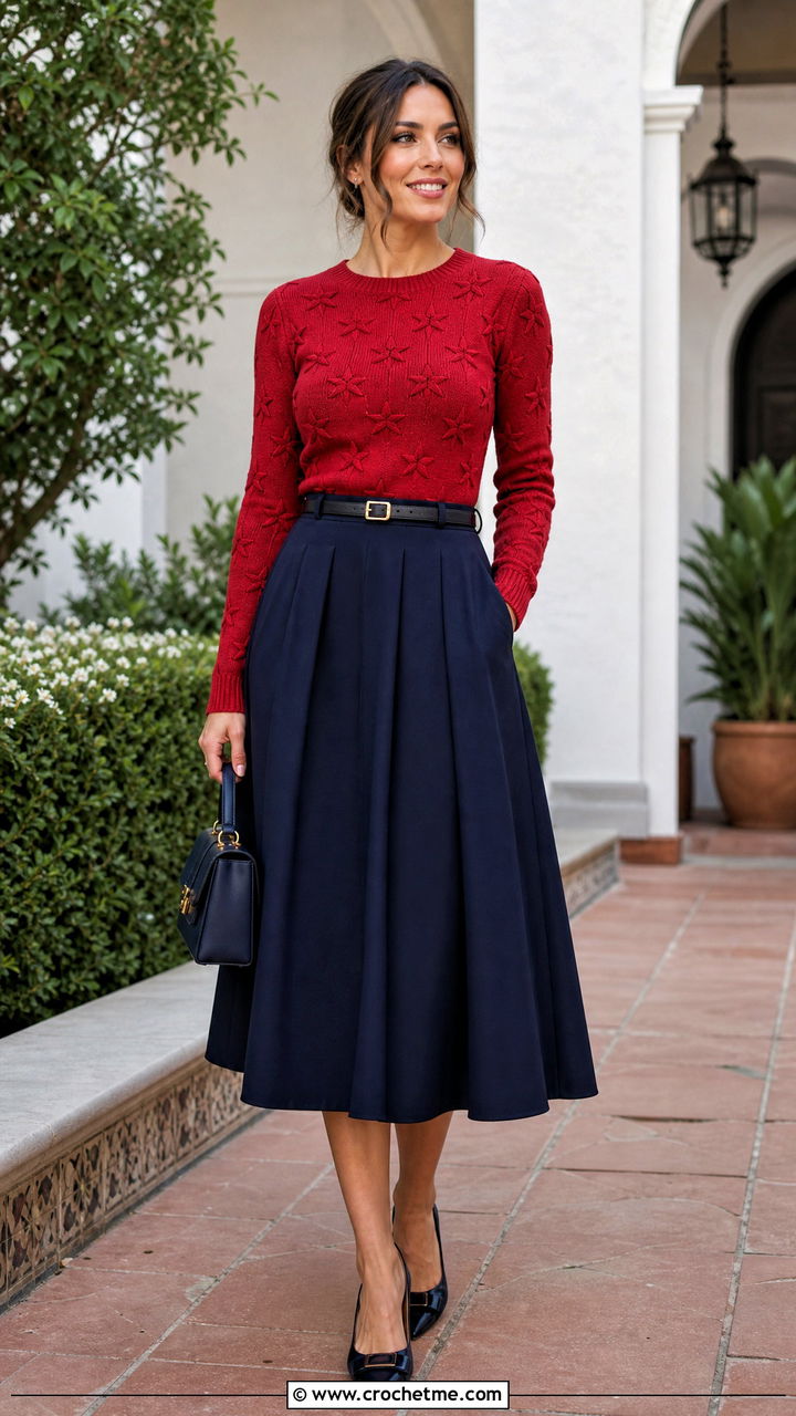 Fitted Star Sweater With Full Midi Skirt - 35 crochet star sweater outfit ideas