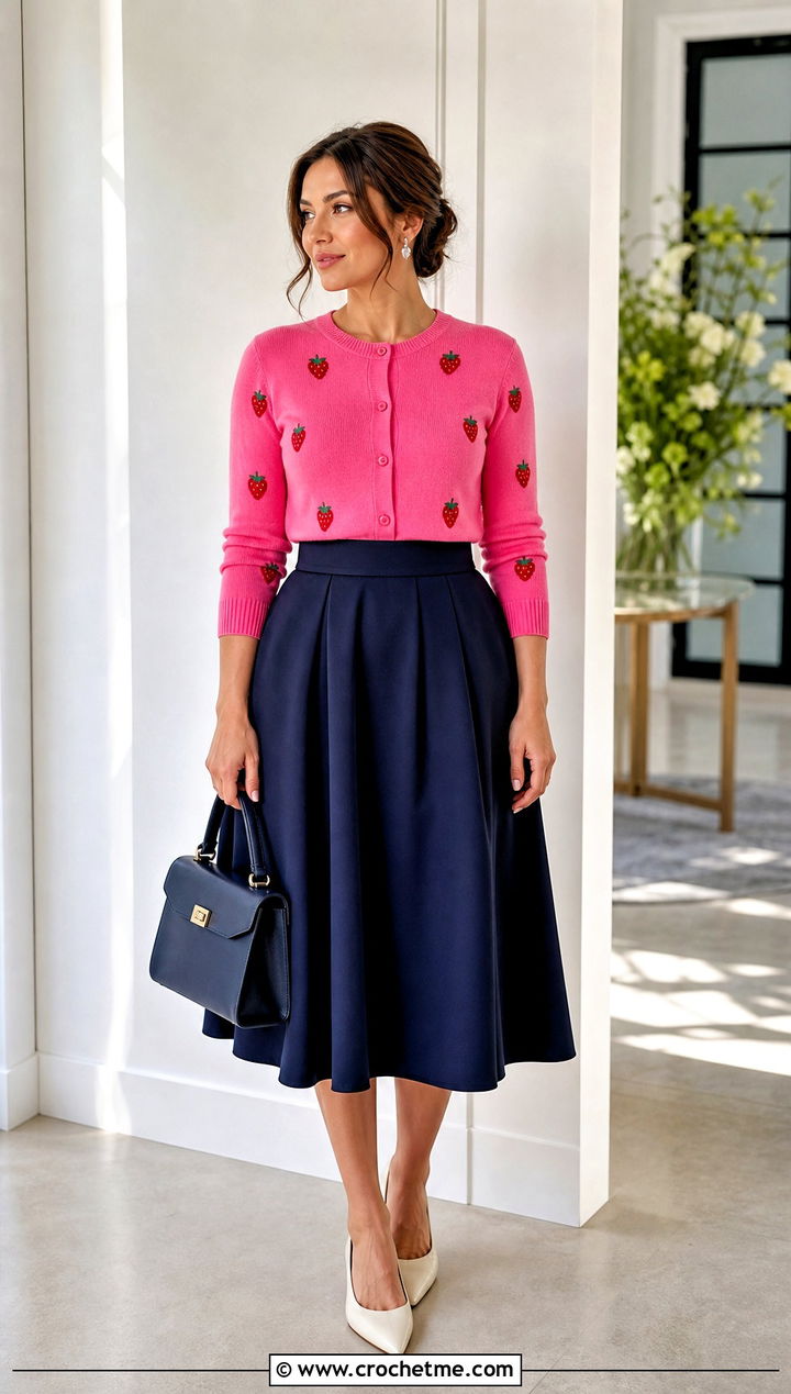 Fitted Strawberry Cardigan With A Line Midi Skirt - 35 crochet strawberry cardigan outfit ideas
