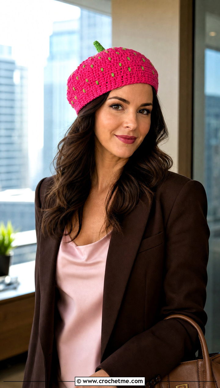 Fitted Strawberry Crochet Beret With Monochrome Suit - 25 strawberry crochet beret outfit ideas