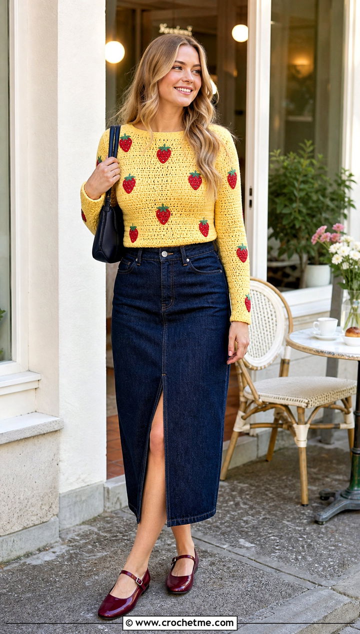 Fitted Strawberry Crochet Sweater With Denim Midi Skirt - 15 Strawberry Crochet Sweater outfit ideas