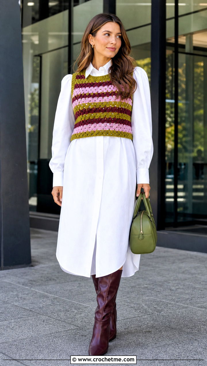 Fitted Stripe Crochet Vest With White Shirt Dress - 25 crochet vest stripes outfit ideas