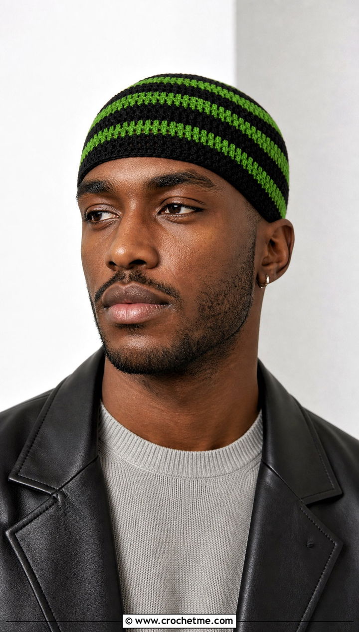 Fitted Striped Crochet Skull Cap With Leather Jacket - 15 mens striped crochet beanie outfit ideas