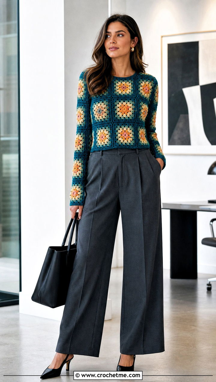Fitted Sunburst Granny Square Long Sleeve Top With Tailored Trousers - 20 Granny Square Long Sleeve Top outfit ideas