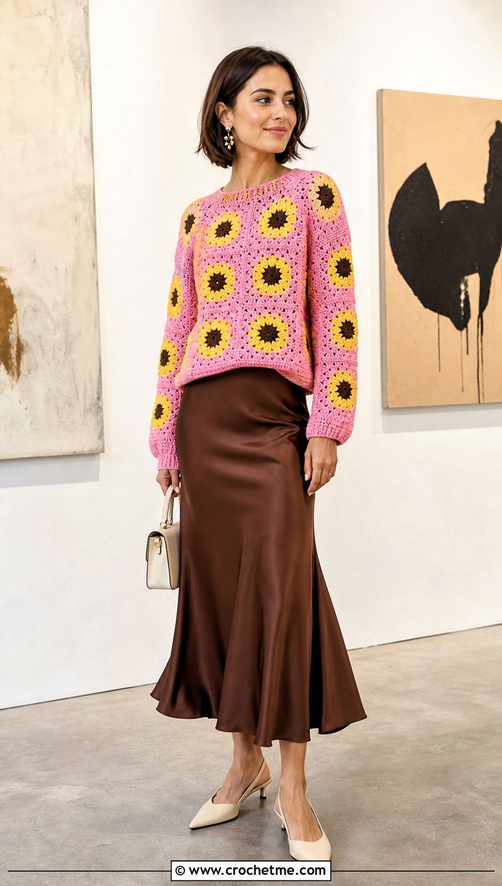 Fitted Sunflower Granny Square Pullover Sweater With Satin Midi Skirt - 15 Sunflower Granny Square Pullover Sweater outfit ideas
