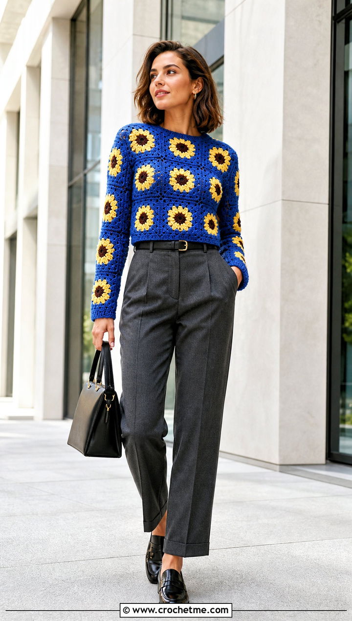 Fitted Sunflower Granny Square Sweater With Tailored Trousers - 30 sunflower granny square sweater outfit ideas