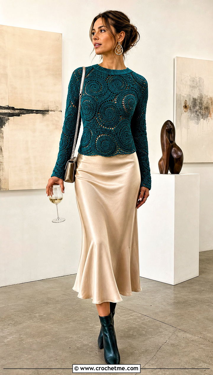 Fitted Swirl Crochet Sweater With Satin Midi Skirt - 25 swirl crochet sweater outfit ideas