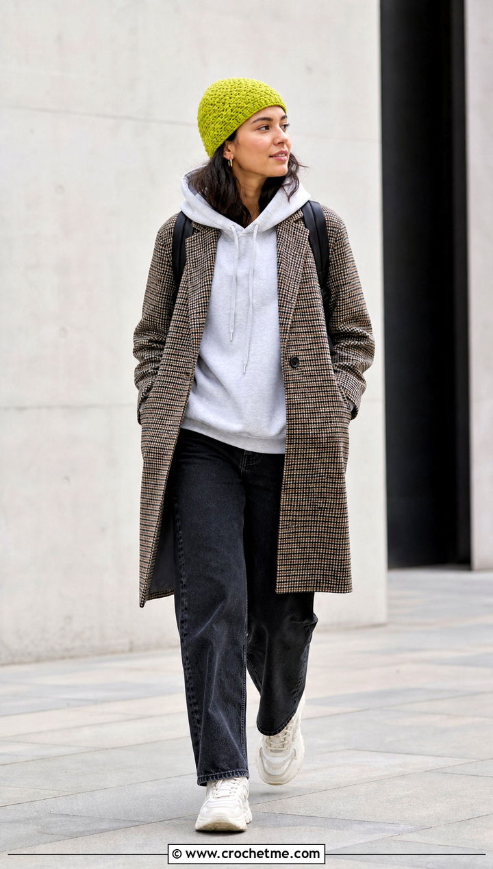 Fitted Tunisian Crochet Beanie With Hoodie And Coat - 35 tunisian crochet beanie outfit ideas