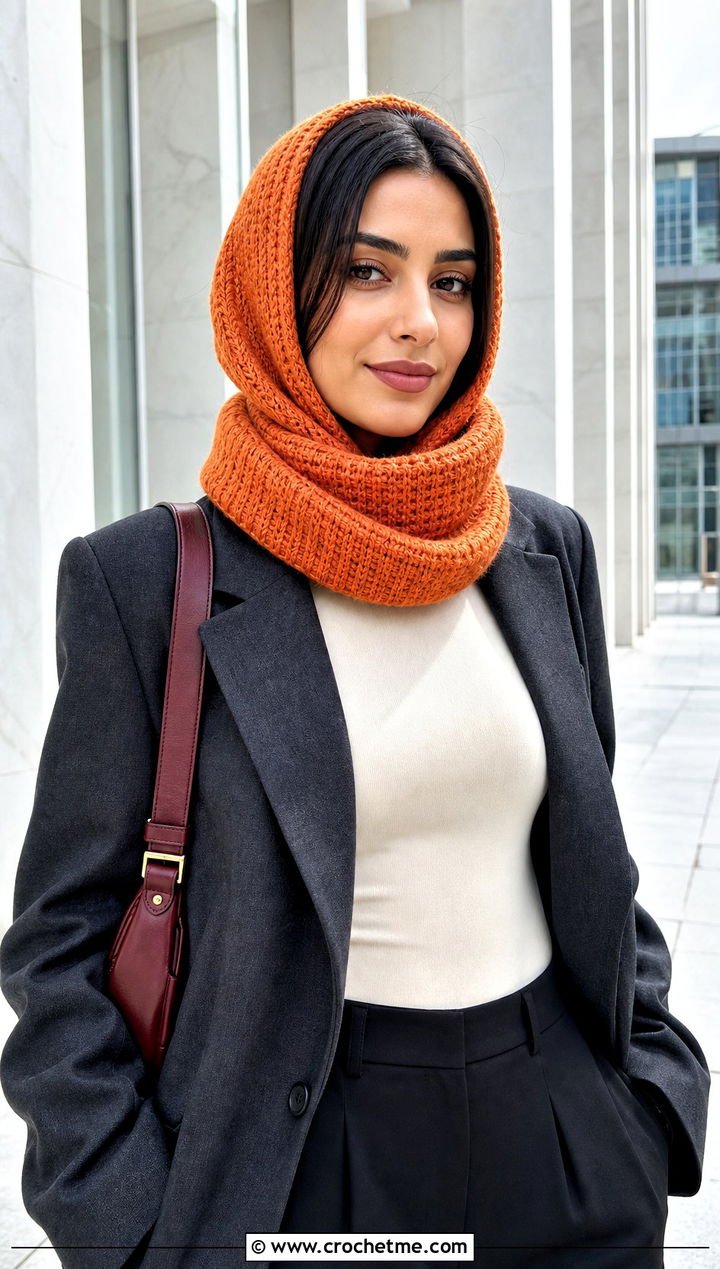Fitted Tunisian Hooded Cowl With Blazer - 15 Tunisian Crochet Hooded Cowl outfit ideas