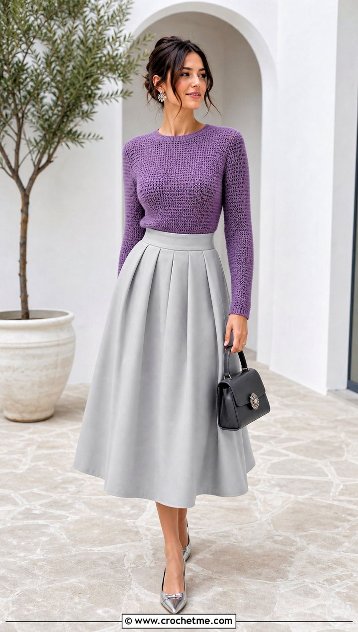 Fitted Tunisian Sweater With Full Midi Skirt - 35 tunisian crochet sweater outfit ideas