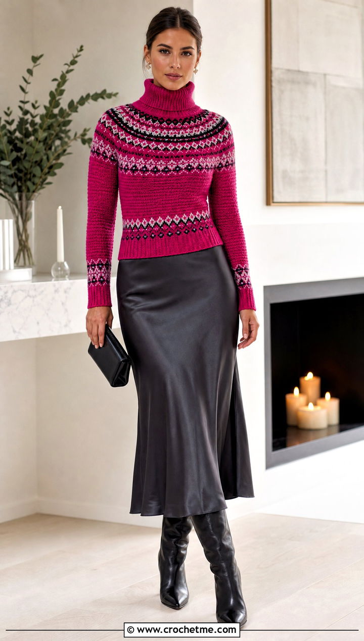 Fitted Turtleneck Fair Isle Crochet Sweater With Satin Midi Skirt - 25 fair isle crochet sweater outfit ideas