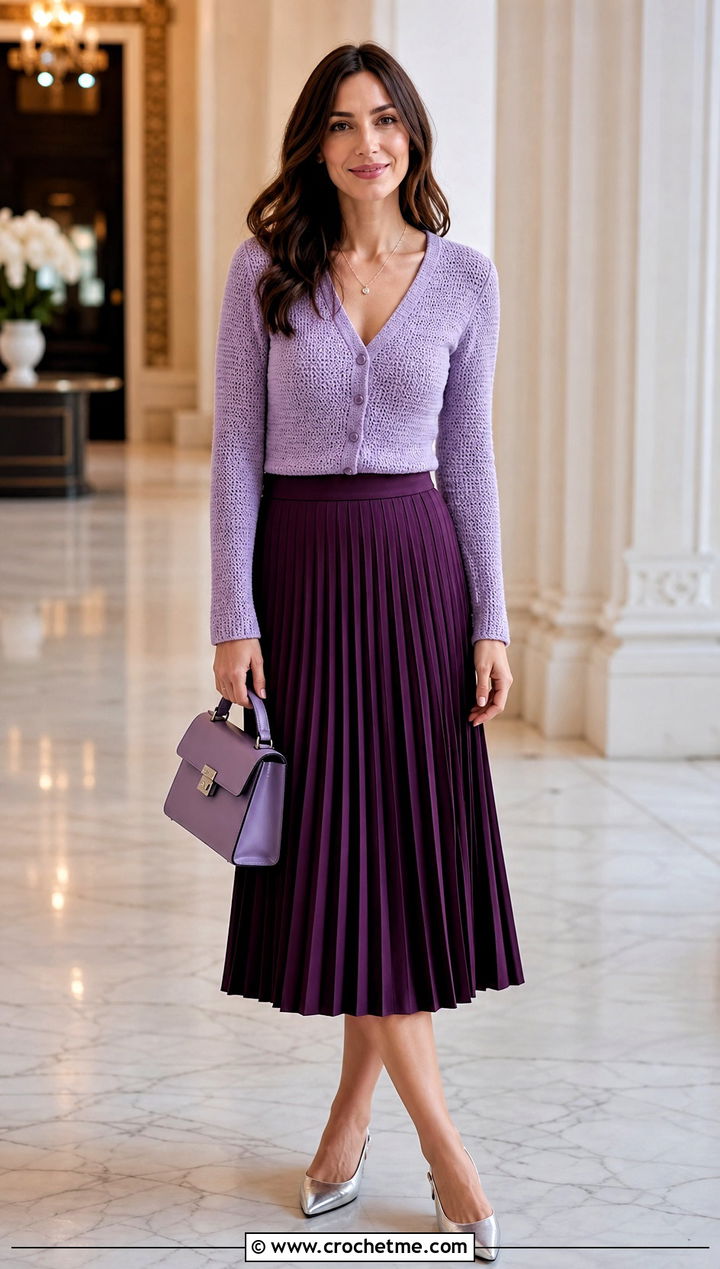 Fitted V Neck Crochet Cardigan With Pleated Midi Skirt - 30 3 weight yarn crochet cardigan outfit ideas