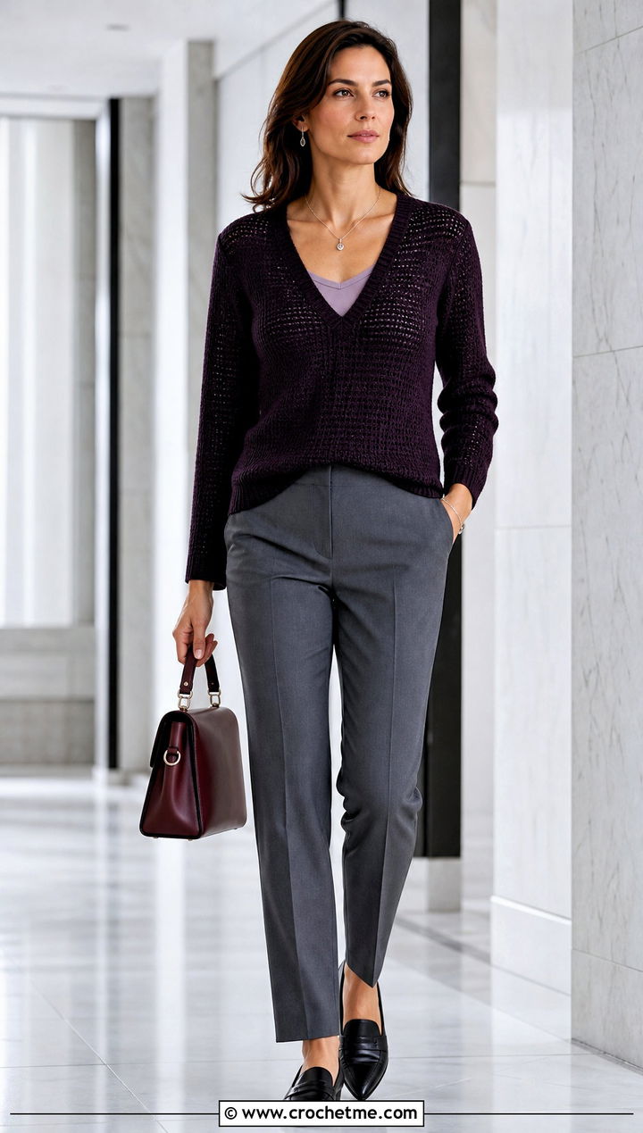 Fitted V Neck Crochet Cotton Jumper With Tailored Pants - 15 Crochet Cotton Jumper outfit ideas
