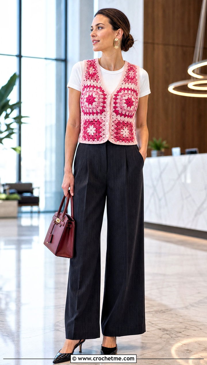 Fitted V Neck Granny Square Crochet Vest With Wide Leg Suit Pants - 25 Granny Square Crochet Vest outfit ideas