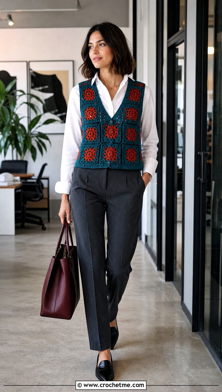 Fitted V Neck Granny Square Waistcoat With Tailored Trousers - 35 granny square waistcoat outfit ideas