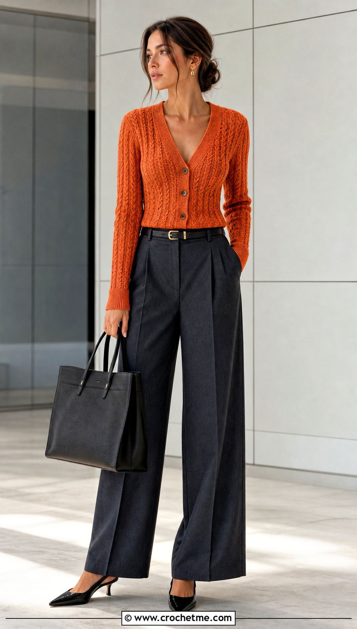 Fitted V Neck Rope Cable Cardigan With Tailored Trousers - 25 Crochet Cable Cardigan outfit ideas