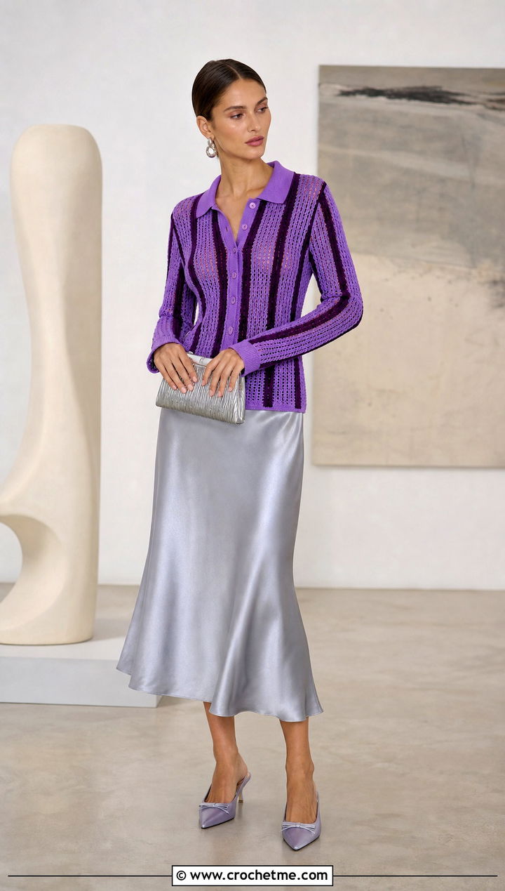 Fitted Vertical Stripe Crochet Sweater Polo With Satin Midi Skirt - 15 vertical stripe crochet sweater polo outfit ideas