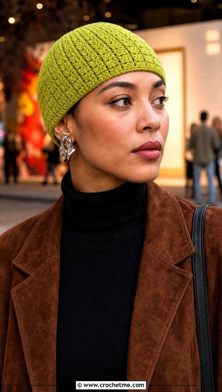 Fitted Waffle Crochet Skull Cap With Slip Skirt - 20 Waffle Crochet Hat outfit ideas