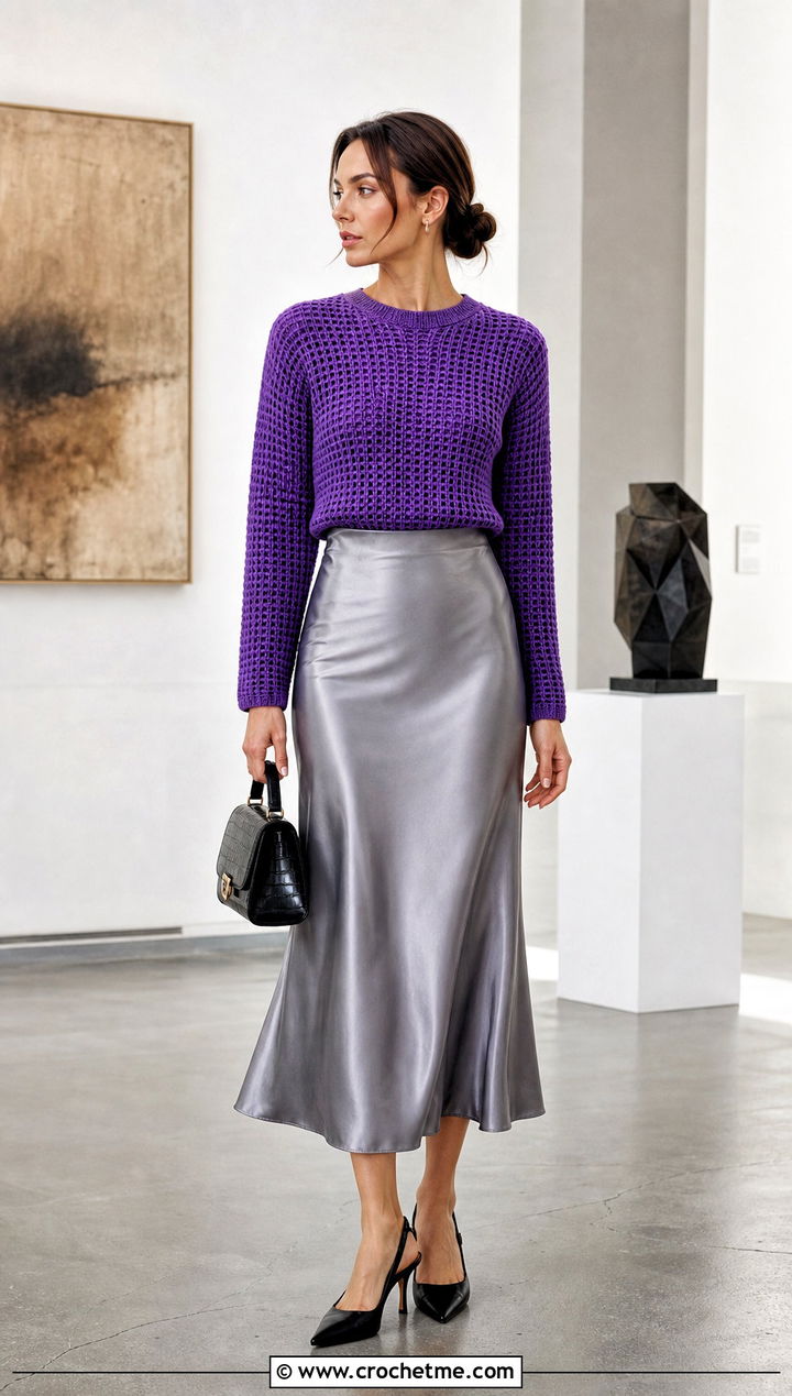 Fitted Waffle Stitch Crochet Sweater With Satin Midi Skirt - 30 waffle stitch crochet sweater outfit ideas