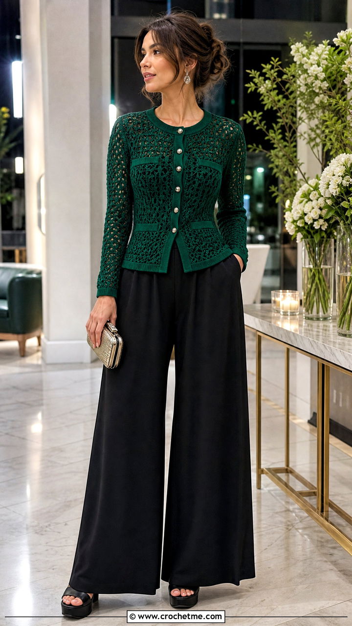 Fitted Waist Crochet Cardigan With Pockets And Palazzo Pants - 35 crochet cardigan with pockets outfit ideas