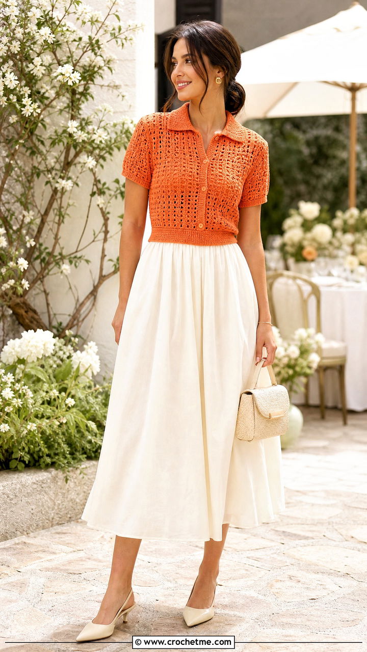 Fitted Waist Crochet Collared Shirt With Full Midi Skirt - 35 crochet collared shirt outfit ideas