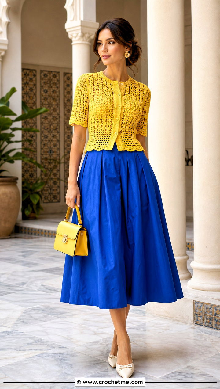 Fitted Waist Cropped Crochet Cardigan With Full Midi Skirt - 35 cropped crochet cardigan outfit ideas