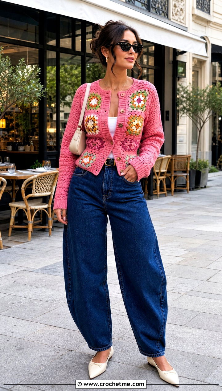 Fitted Waist Giant Granny Square Cardigan With Barrel Jeans - 35 giant granny square cardigan outfit ideas