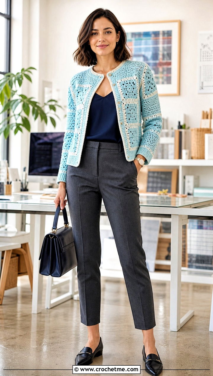 Fitted Waist Granny Square Patchwork Cardigan With Cigarette Pants - 30 Granny Square Patchwork Cardigan outfit ideas
