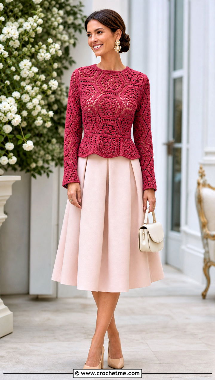 Fitted Waist Hexagon Granny Square Pullover With A Line Midi Skirt - 25 Hexagon Granny Square Pullover outfit ideas
