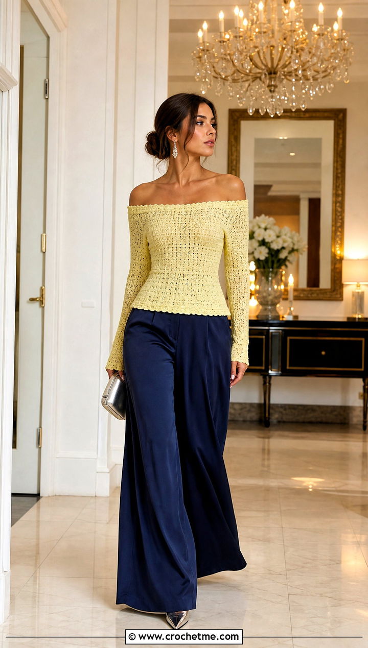 Fitted Waist Off Shoulder Crochet Sweater With Palazzo Pants - 35 off shoulder crochet sweater outfit ideas